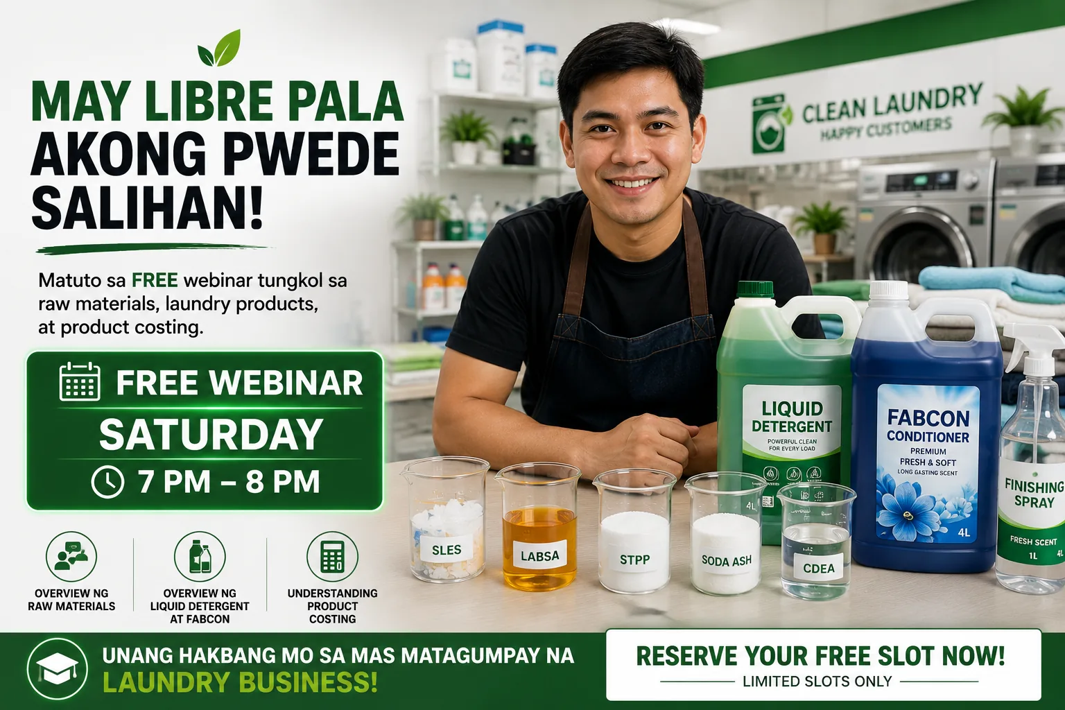 FREE Webinar opportunity — Saturday 7 PM–8 PM, laundry product overview, raw materials, and product costing